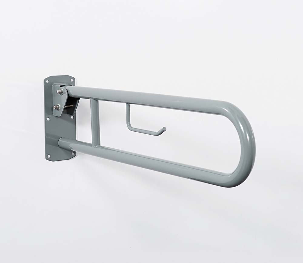 Stainless Steel Lift & Lock Hinged Support Rail c/w Toilet Roll Holder