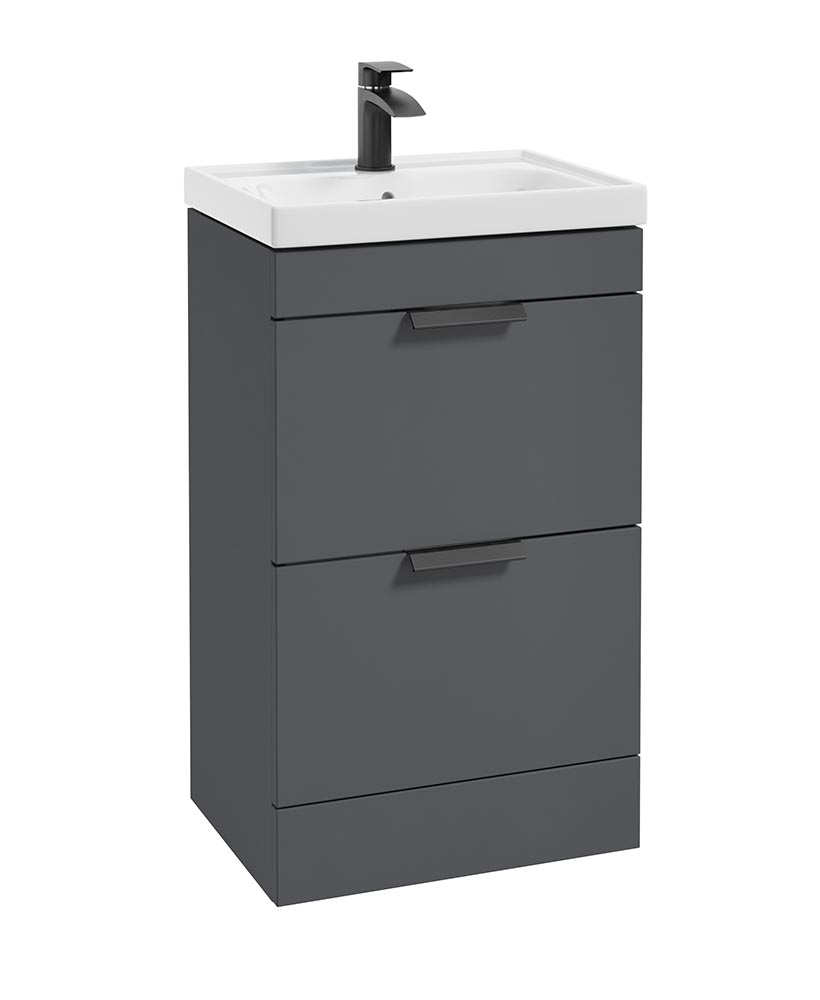 Stockholm Midnight Grey Matt 50cm 2 Drawer Floor Standing Vanity Unit - Matt Black Handle