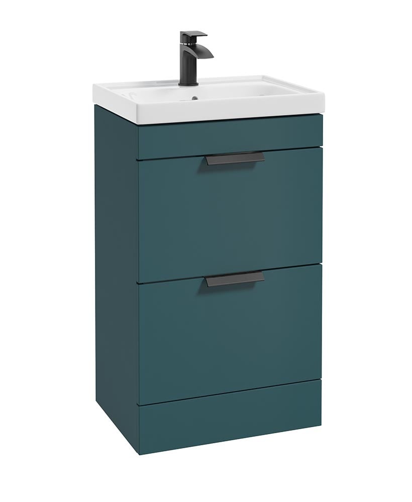 Stockholm Ocean Blue Matt 50cm 2 Drawer Floor Standing Vanity Unit - Matt Black Handle