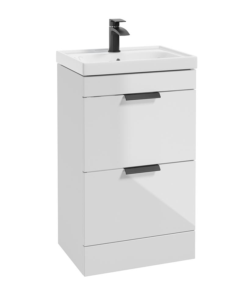 Stockholm Gloss White 50cm 2 Drawer Floor Standing Vanity Unit - Matt Black Handle