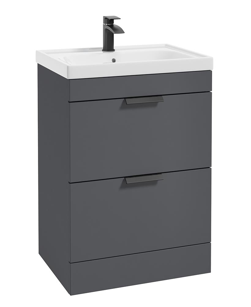 Stockholm Midnight Grey Matt 60cm 2 Drawer Floor Standing Vanity Unit - Matt Black Handle