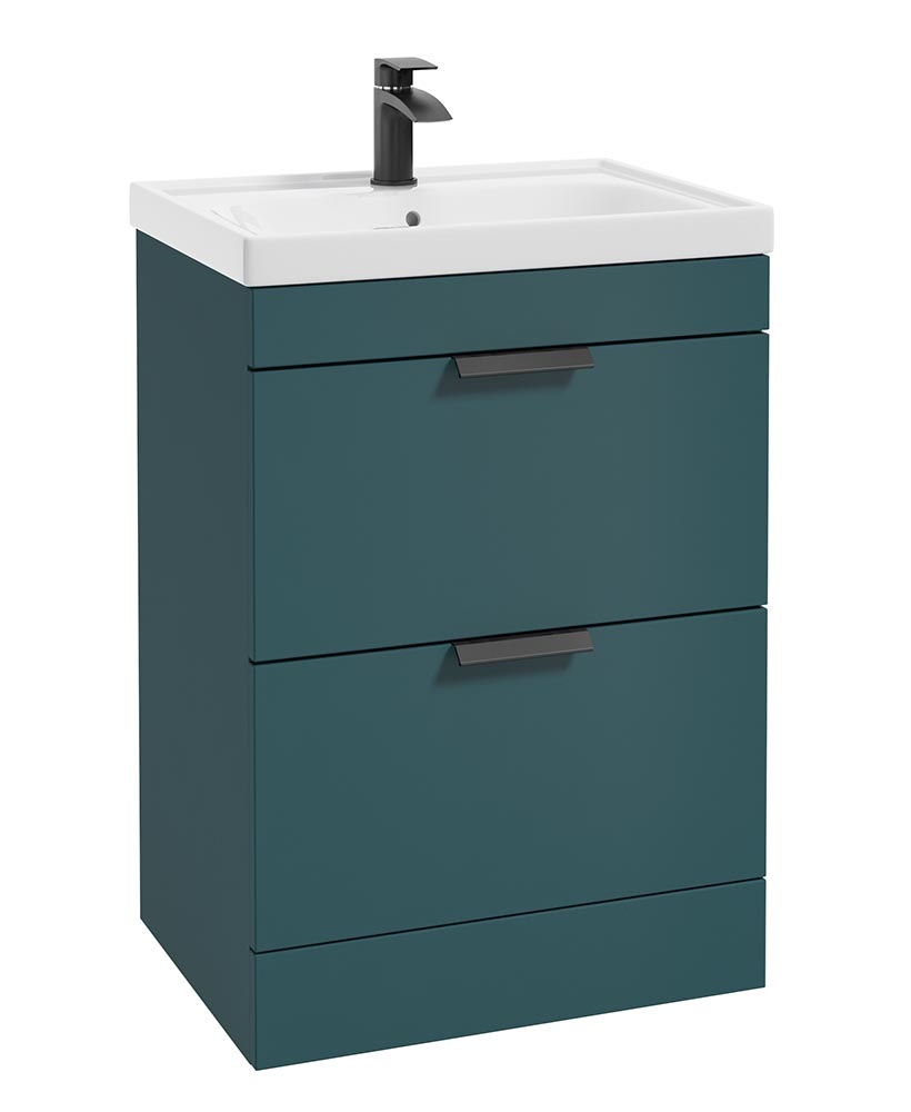 Stockholm Ocean Blue Matt 60cm 2 Drawer Floor Standing Vanity Unit - Matt Black Handle