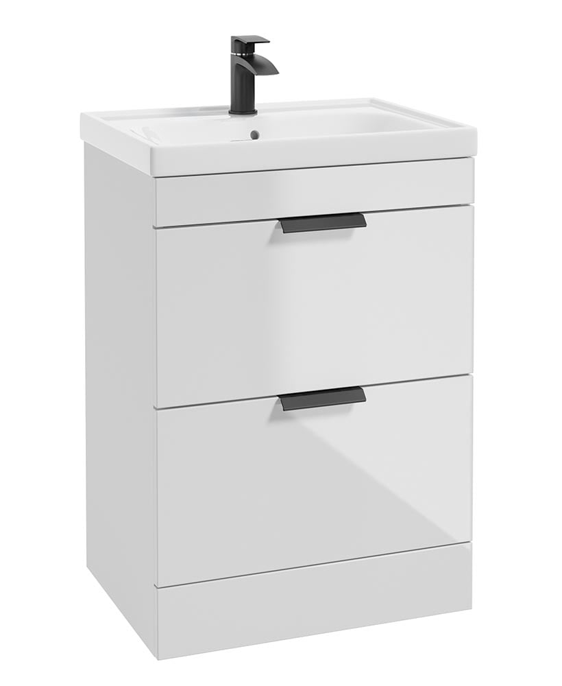 Stockholm Gloss White 60cm 2 Drawer Floor Standing Vanity Unit - Matt Black Handle