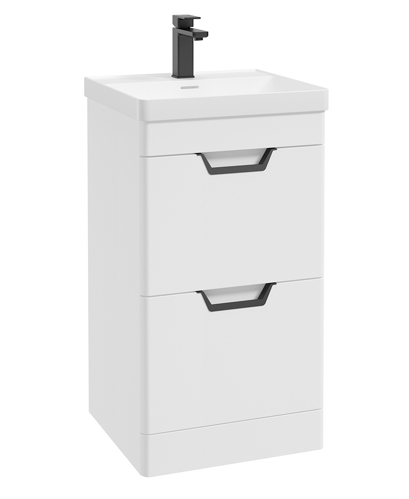 Freya 50cm 2 Drawer Floor Standing Vanity Unit Matt White-Matt Black Handle