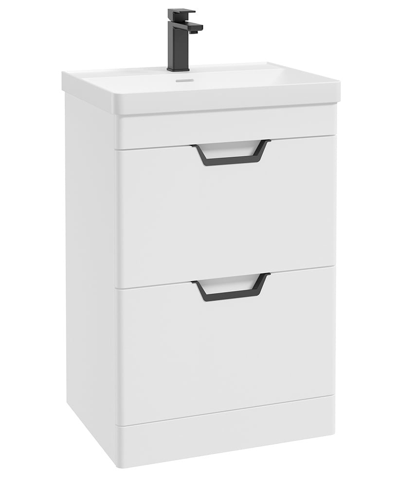 Freya 60cm 2 Drawer Floor Standing Vanity Unit Matt White-Matt Black Handle