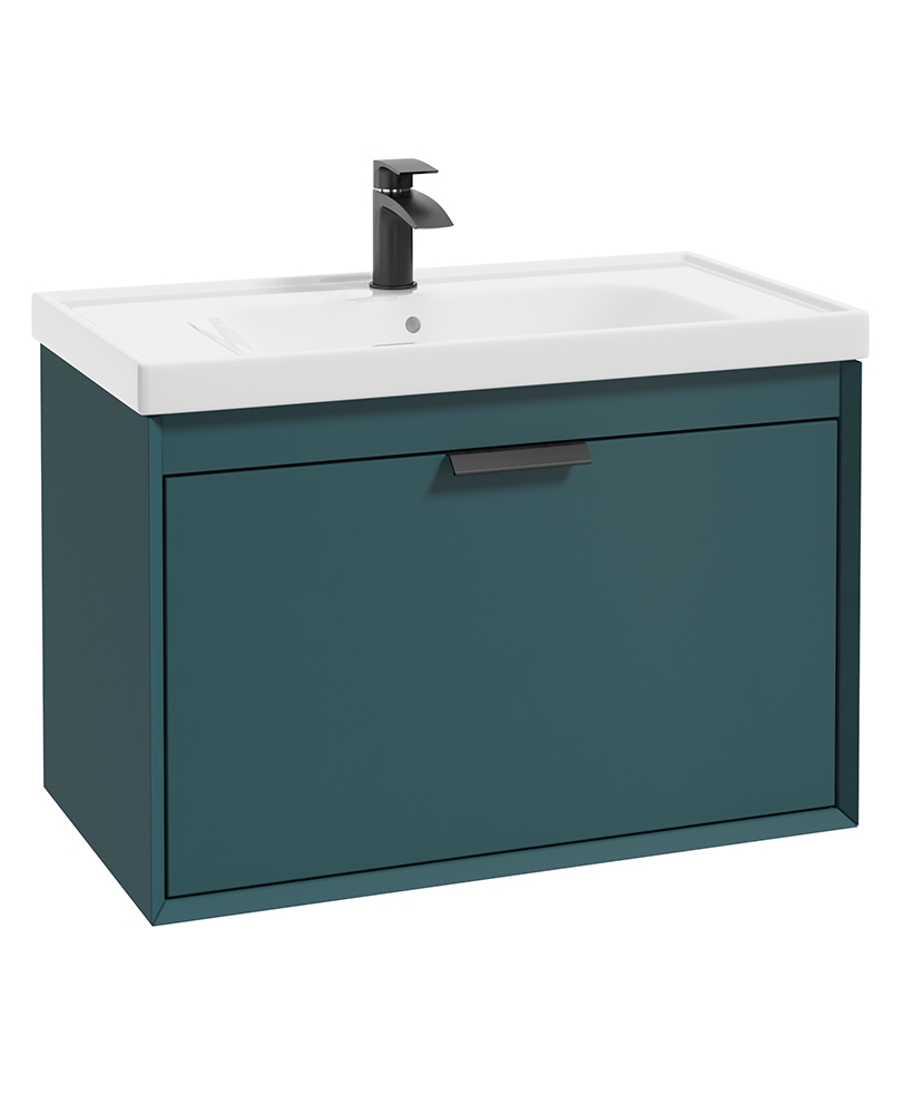 Fjord Ocean Blue Matt 80cm Wall Hung Vanity Unit-Matt Black Handle