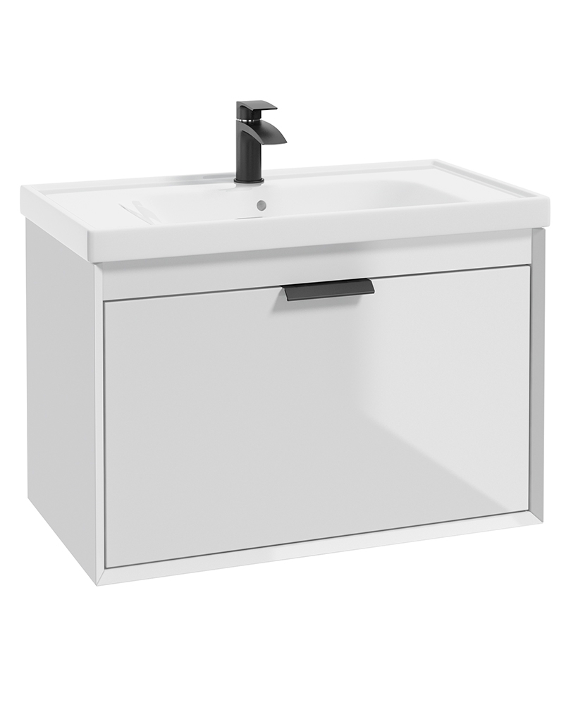 Fjord Gloss White 80cm Wall Hung Vanity Unit-Matt Black Handle