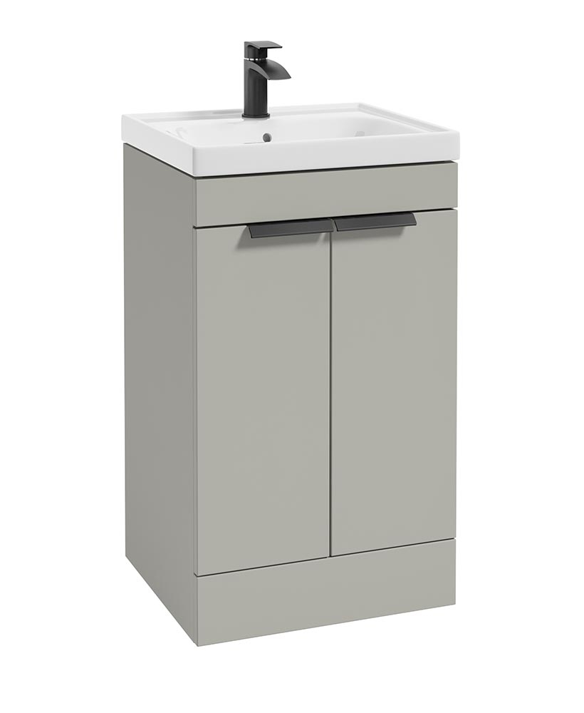 Stockholm Arctic Grey Matt 50cm 2 Door Floor Standing Vanity Unit - Matt Black Handle