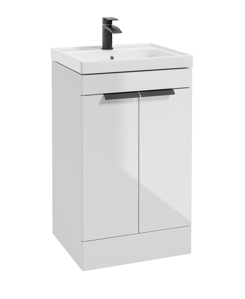 Stockholm Gloss White 50cm 2 Door Floor Standing Vanity Unit - Matt Black Handle