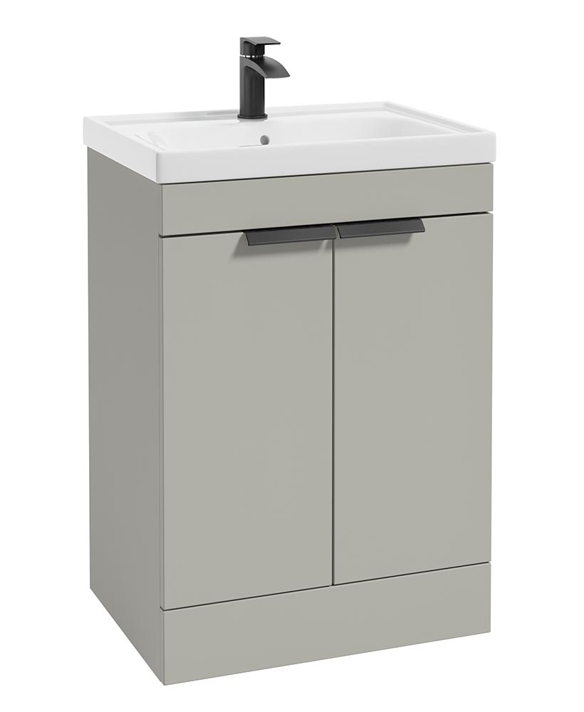 Stockholm Arctic Grey Matt 60cm 2 Door Floor Standing Vanity Unit - Matt Black Handle