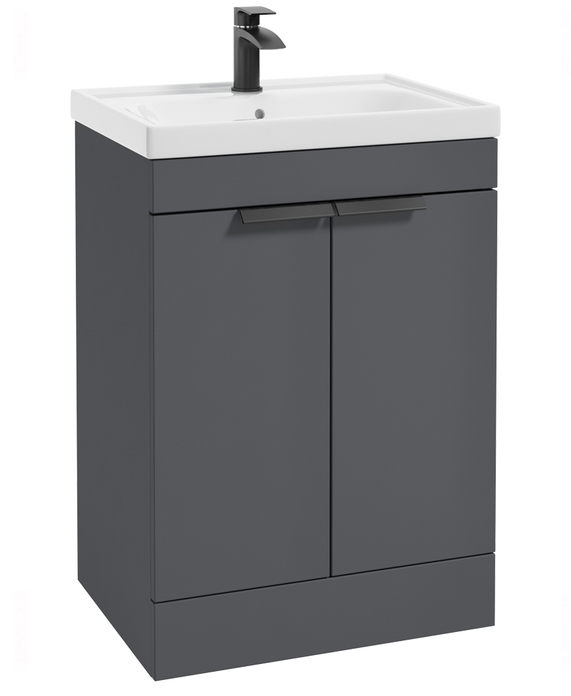 Stockholm Midnight Grey Matt 60cm 2 Door Floor Standing Vanity Unit - Matt Black Handle