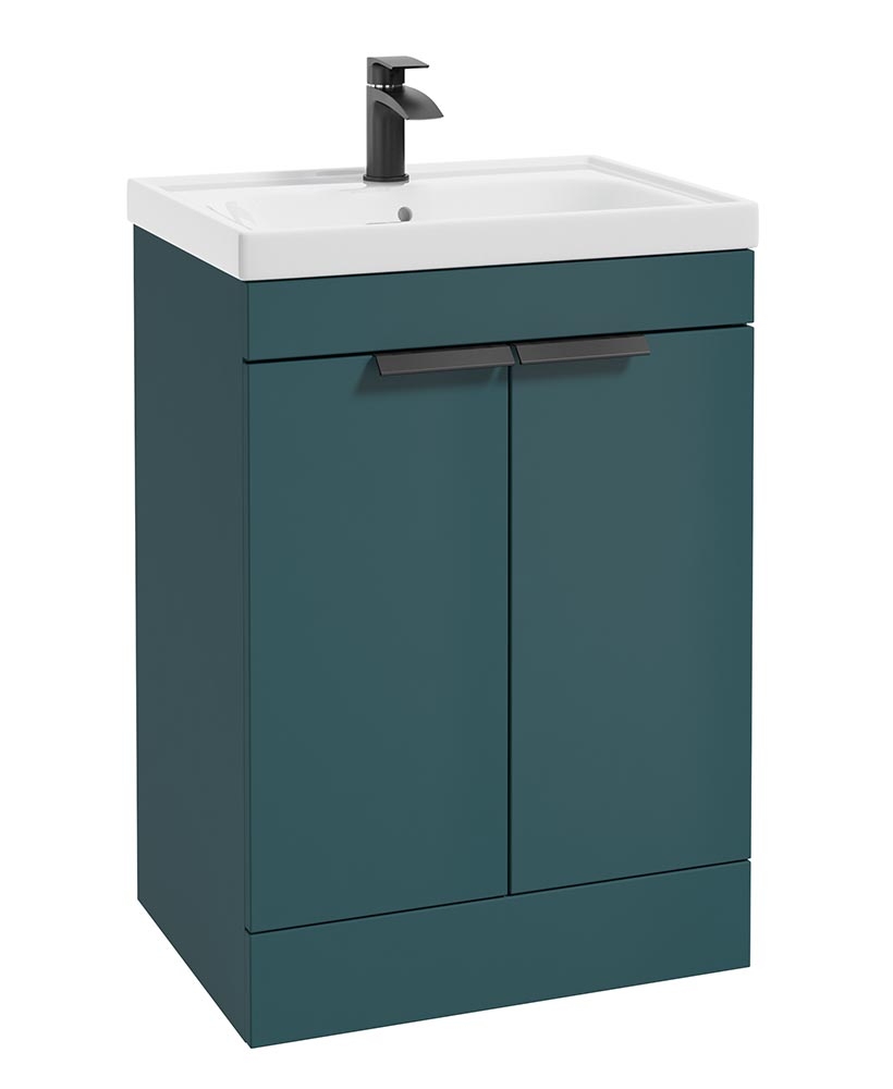 Stockholm Ocean Blue Matt 60cm 2 Door Floor Standing Vanity Unit - Matt Black Handle