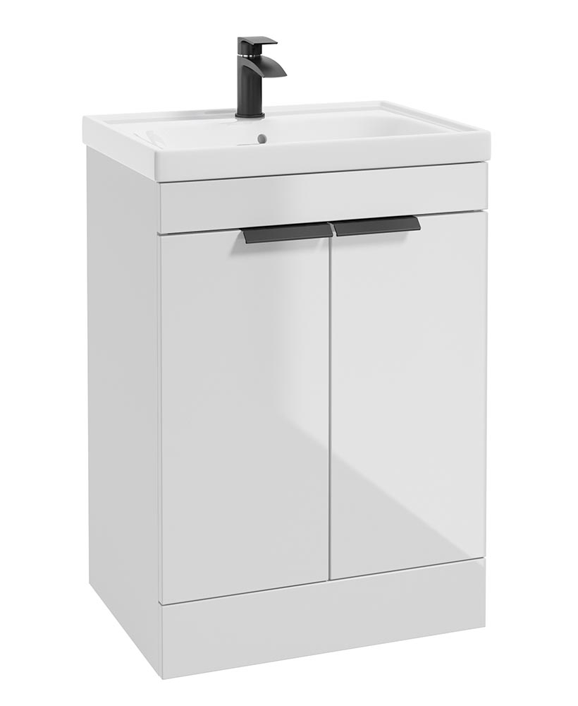 Stockholm Gloss White 60cm 2 Door Floor Standing Vanity Unit - Matt Black Handle