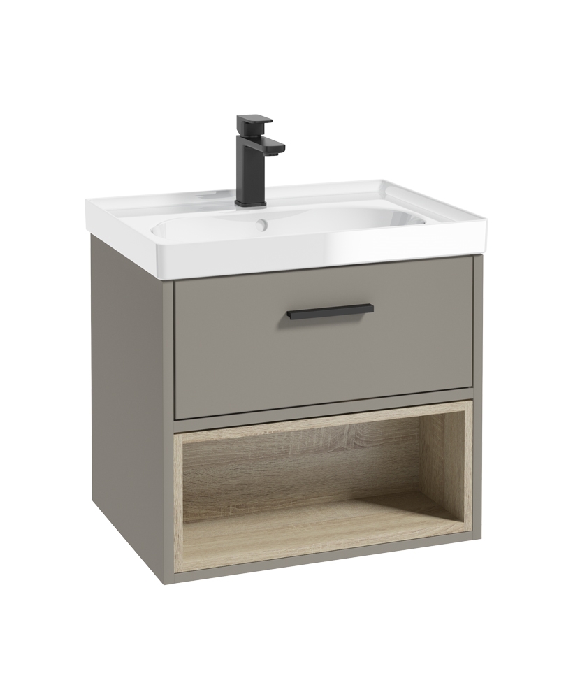 Malmo 60cm Single Drawer - Open Shelf Unit - Khaki - Black Handle - Gloss Basin