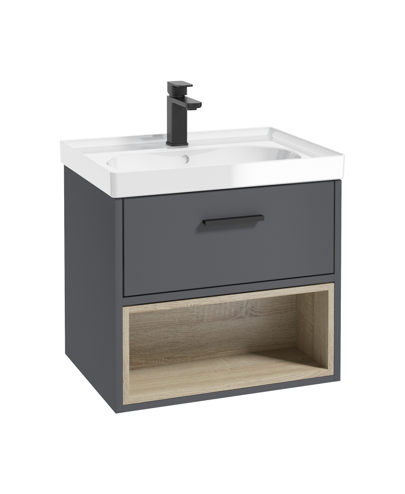 Malmo 60cm Single Drawer - Open Shelf Unit - Midnight Grey - Black Handle - Gloss Basin