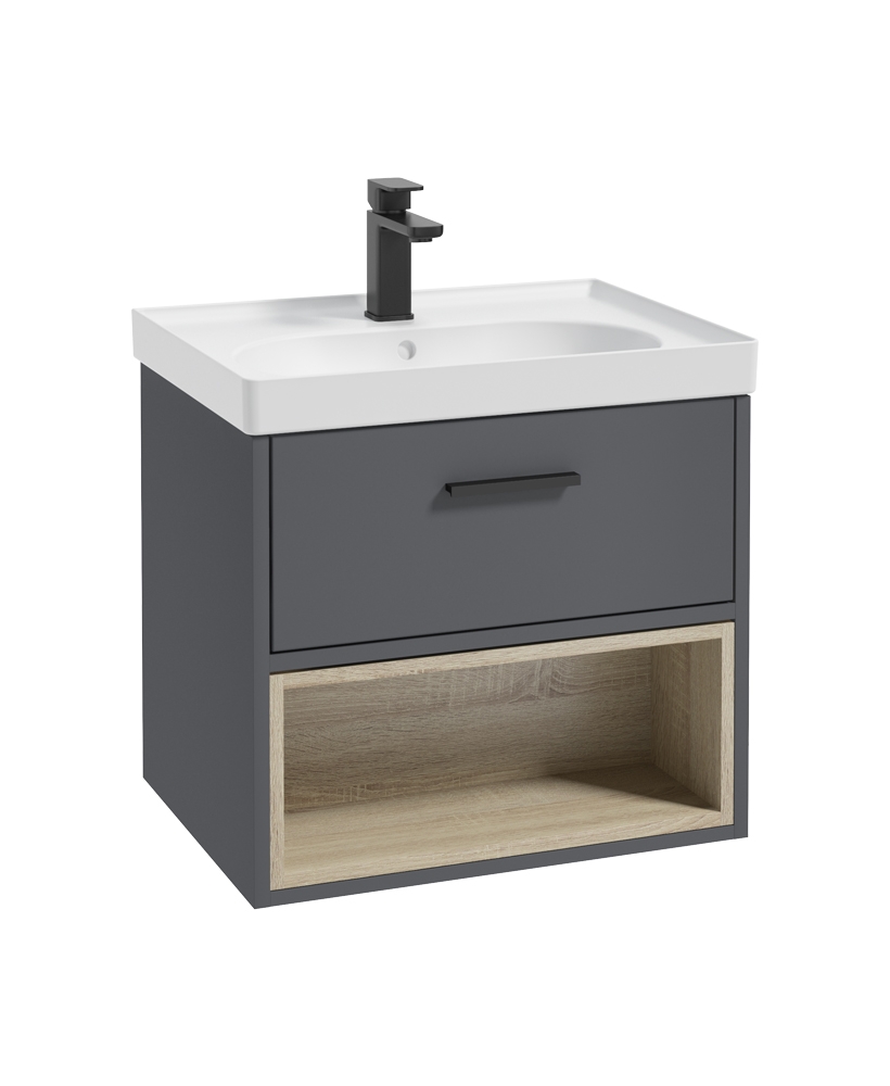 Malmo 60cm Single Drawer - Open Shelf Unit - Midnight Grey - Black Handle - Matt Basin