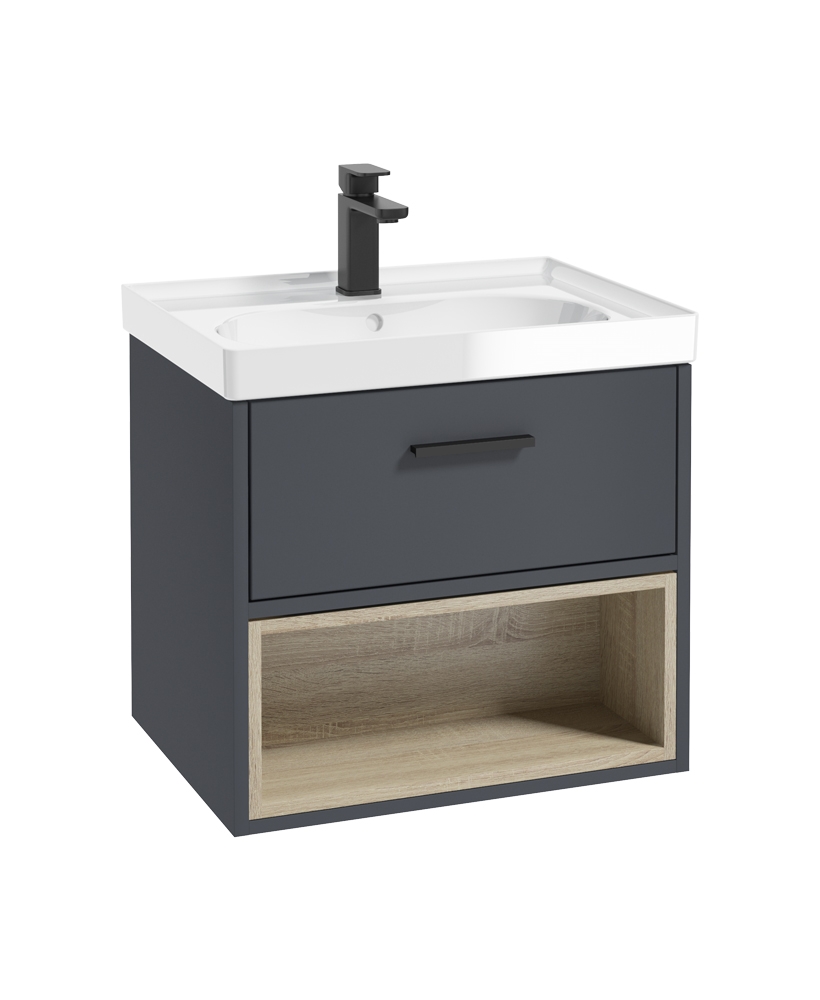 Malmo 60cm Single Drawer - Open Shelf Unit - Matt Night Sky Blue - Black Handle - Gloss Basin