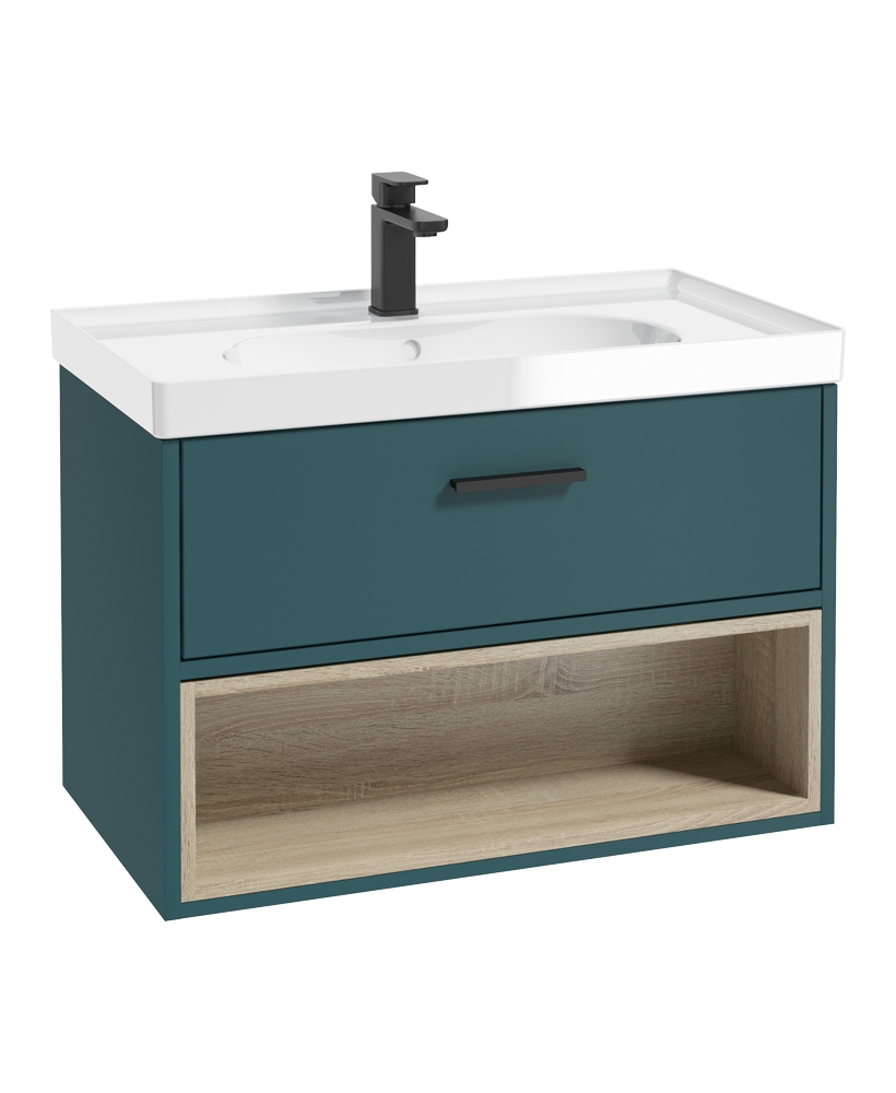 Malmo 80cm Single Drawer - Open Shelf Unit - Ocean Blue - Black Handle - Gloss Basin