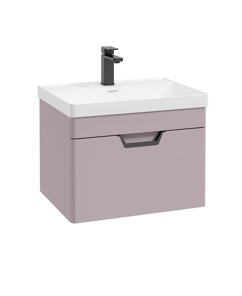 Freya 60cm 1 Drawer Wall Hung Vanity Unit Matt Cashmere Pink-Matt Black Handle