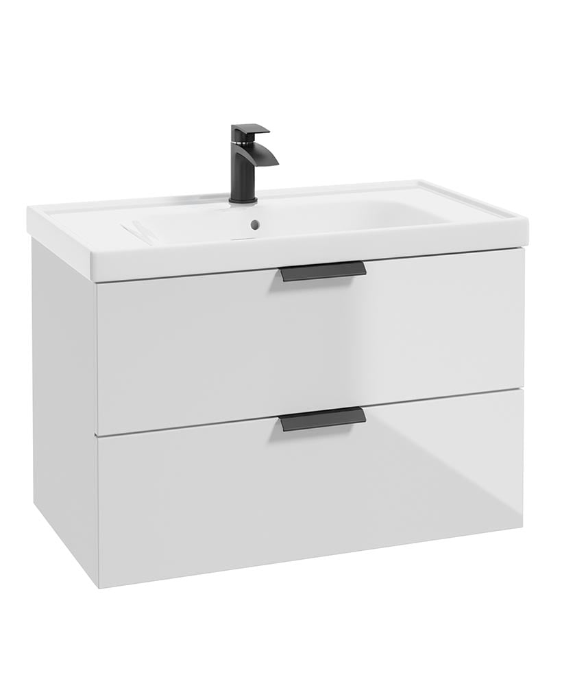 Stockholm Gloss White 80cm Wall Hung Vanity Unit - Matt Black Handle