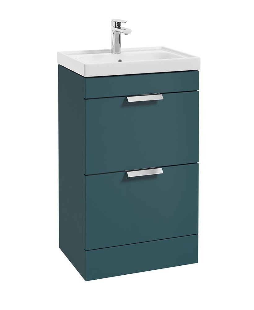 Stockholm Ocean Blue Matt 50cm 2 Drawer Floor Standing Vanity Unit - Brushed Chrome Handle