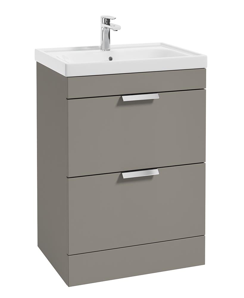 Stockholm Khaki Matt 60cm 2 Drawer Floor Standing Vanity Unit - Brushed Chrome Handle