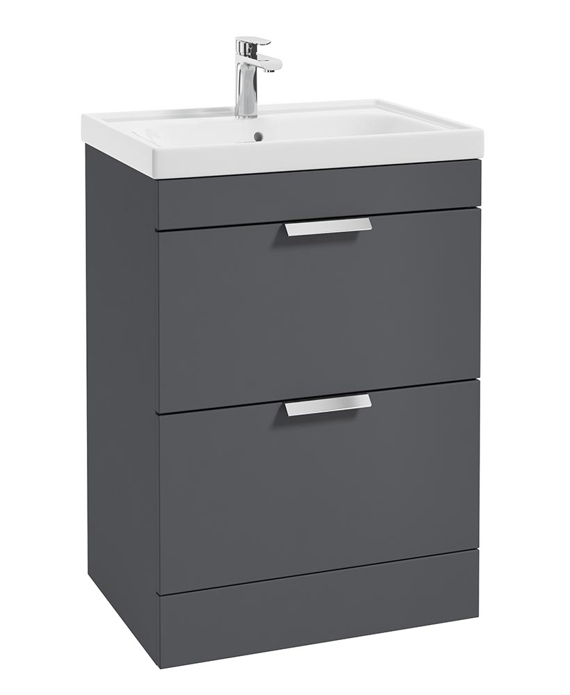 Stockholm Midnight Grey Matt 60cm 2 Drawer Floor Standing Vanity Unit - Brushed Chrome Handle