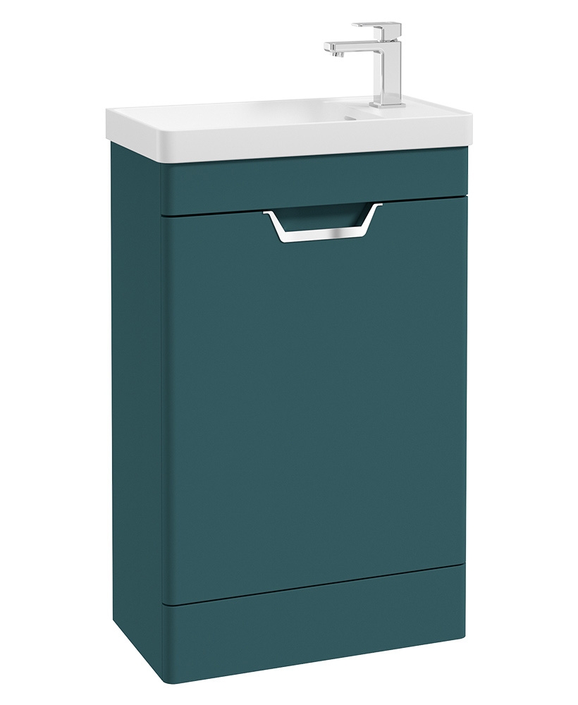 Freya 55cm 1 Door Cloakroom Floor Standing Vanity Unit Matt Ocean Blue-Brushed Chrome Handle