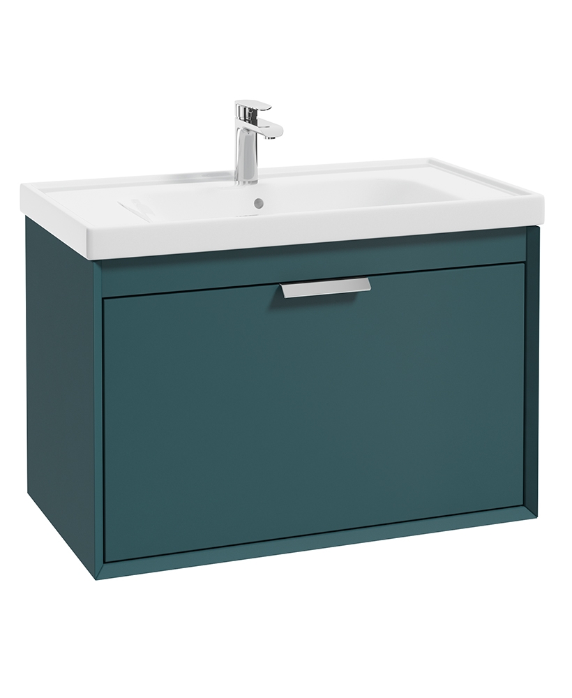 Fjord Ocean Blue Matt 80cm Wall Hung Vanity Unit-Brushed Chrome Handle