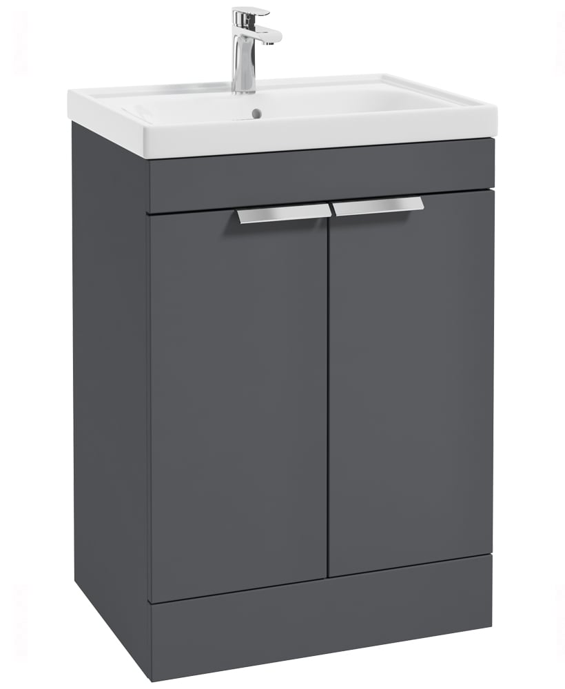 Stockholm Midnight Grey Matt 60cm 2 Door Floor Standing Vanity Unit - Brushed Chrome Handle