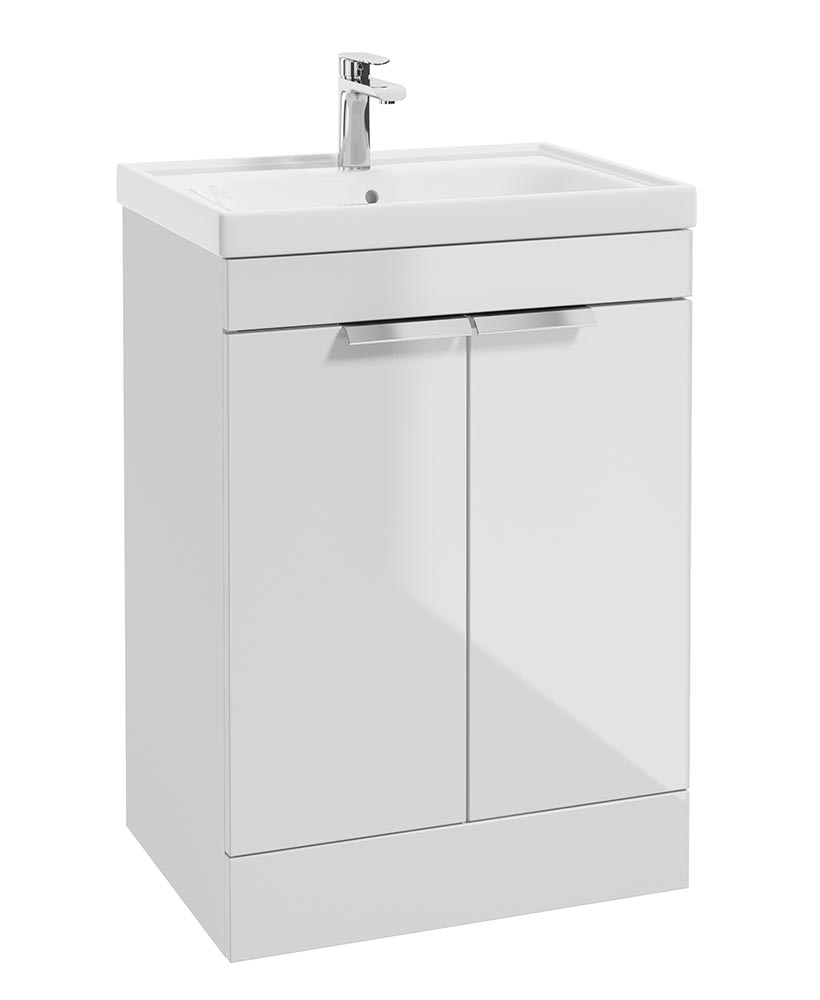 Stockholm Gloss White 60cm 2 Door Floor Standing Vanity Unit - Brushed Chrome Handle