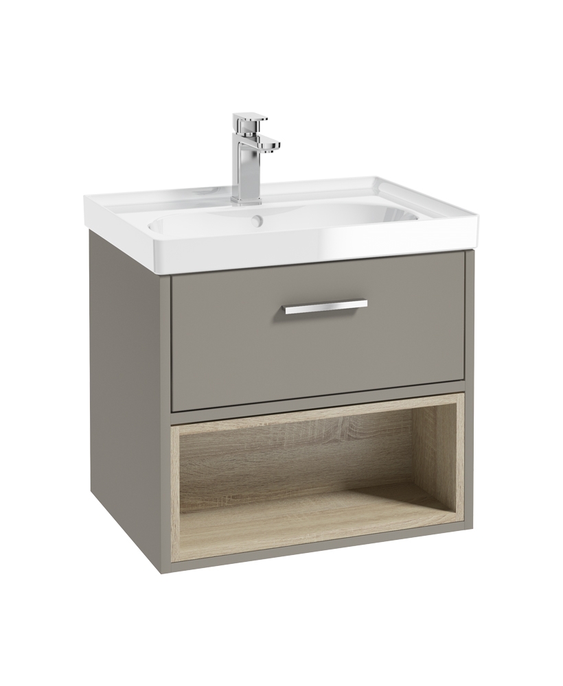 Malmo 60cm Single Drawer - Open Shelf Unit - Khaki - Chrome Handle - Gloss Basin