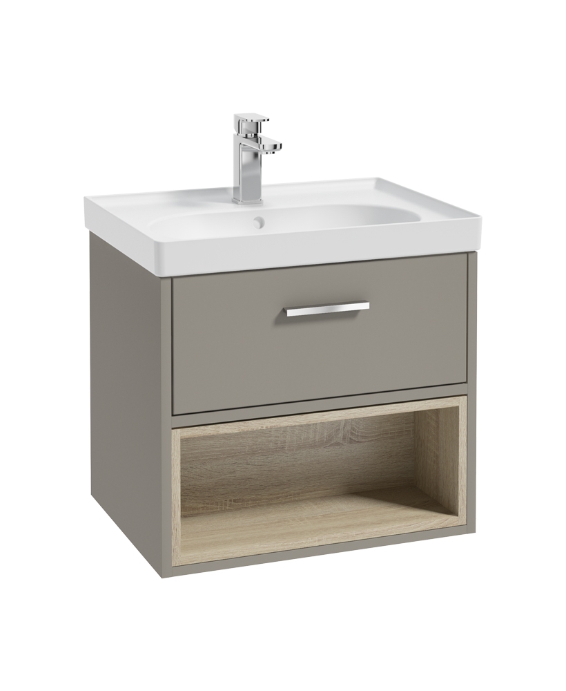 Malmo 60cm Single Drawer - Open Shelf Unit - Khaki - Chrome Handle - Matt Basin