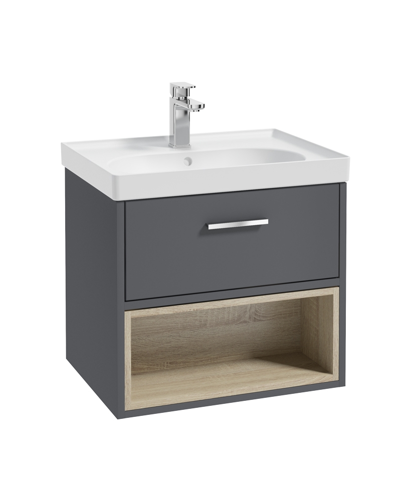 Malmo 60cm Single Drawer - Open Shelf Unit - Midnight Grey - Chrome Handle - Matt Basin