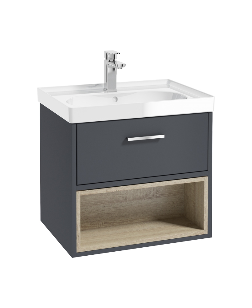 Malmo 60cm Single Drawer - Open Shelf Unit - Matt Night Sky Blue - Chrome Handle - Gloss Basin