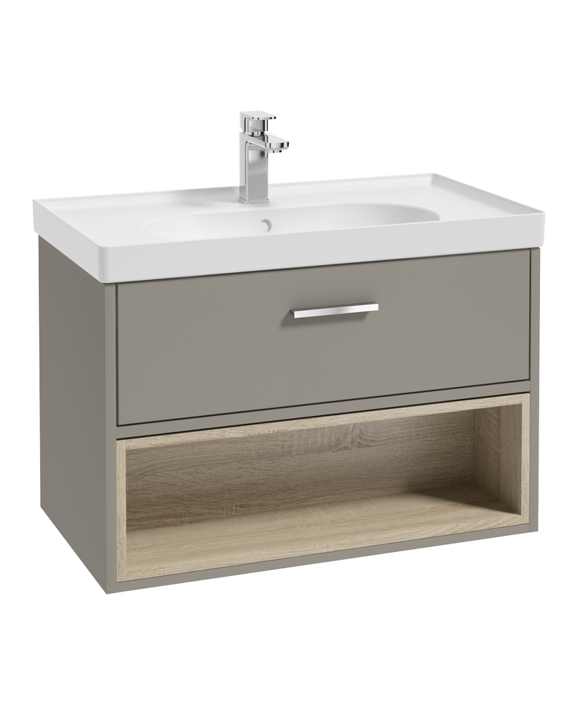 Malmo 80cm Single Drawer - Open Shelf Unit - Khaki - Chrome Handle - Matt Basin