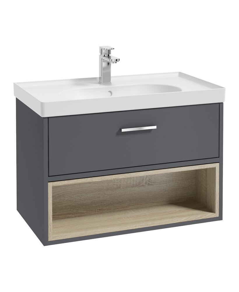 Malmo 80cm Single Drawer - Open Shelf Unit - Midnight Grey - Chrome Handle - Matt Basin