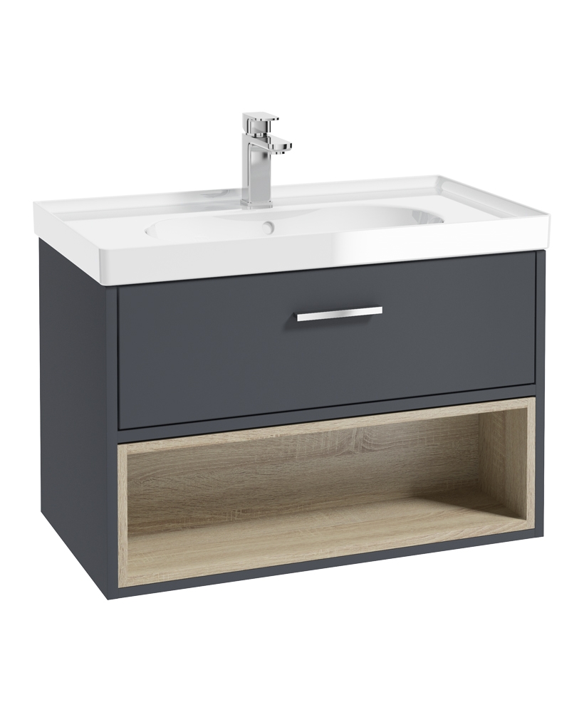 Malmo 80cm Single Drawer - Open Shelf Unit - Matt Night Sky Blue - Chrome Handle - Gloss Basin