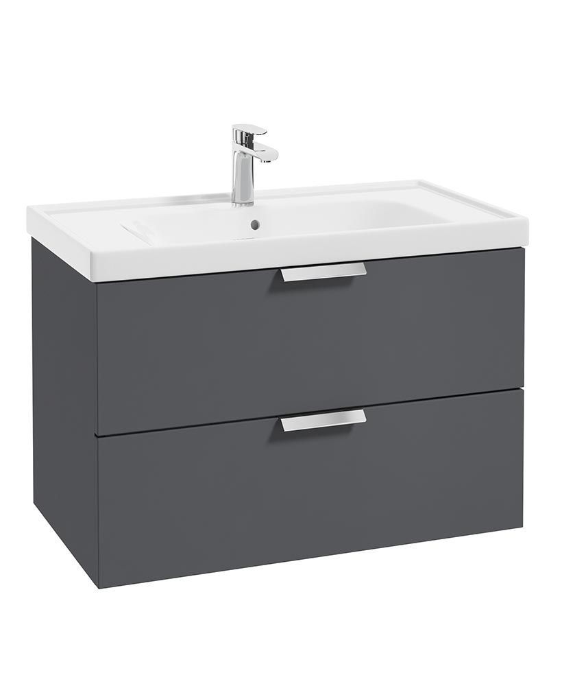 Stockholm Midnight Grey Matt 80cm Wall Hung Vanity Unit - Brushed Chrome Handle