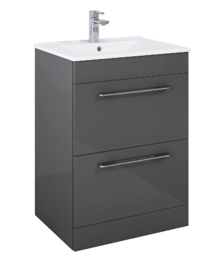 Otto Plus  Gloss Grey 60cm Floor Standing  2 Drawer Vanity Unit -D39cm