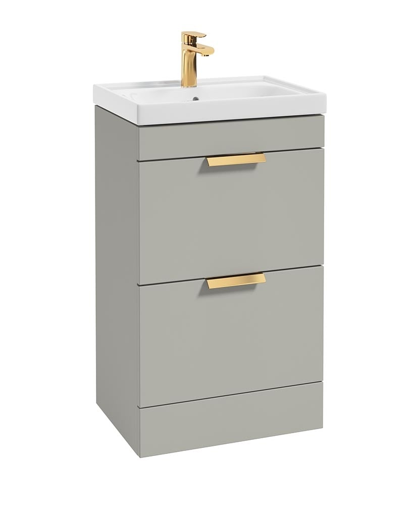 Stockholm Arctic Grey Matt 50cm 2 Drawer Floor Standing Vanity Unit - Brushed Gold Handle