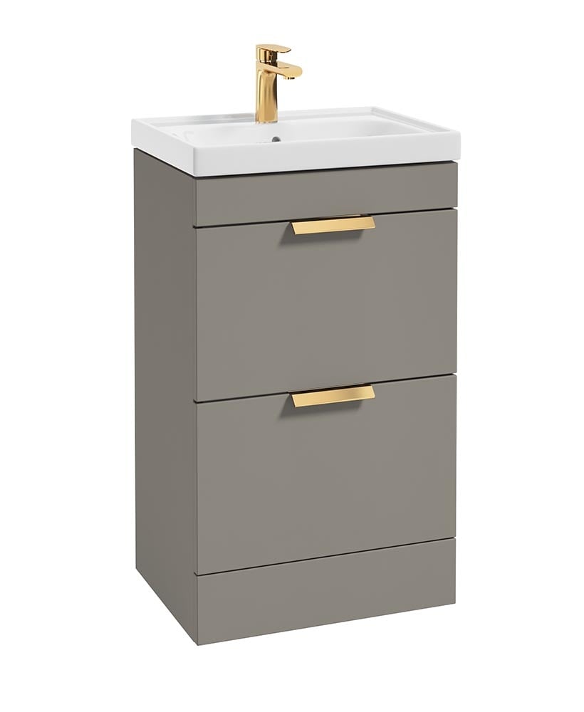 Stockholm Khaki Matt 50cm 2 Drawer Floor Standing Vanity Unit - Brushed Gold Handle