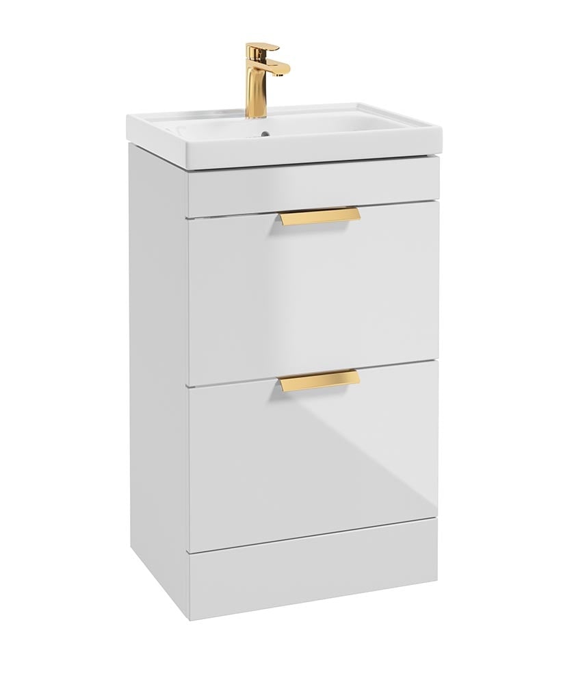 Stockholm Gloss White 50cm 2 Drawer Floor Standing Vanity Unit - Brushed Gold Handle