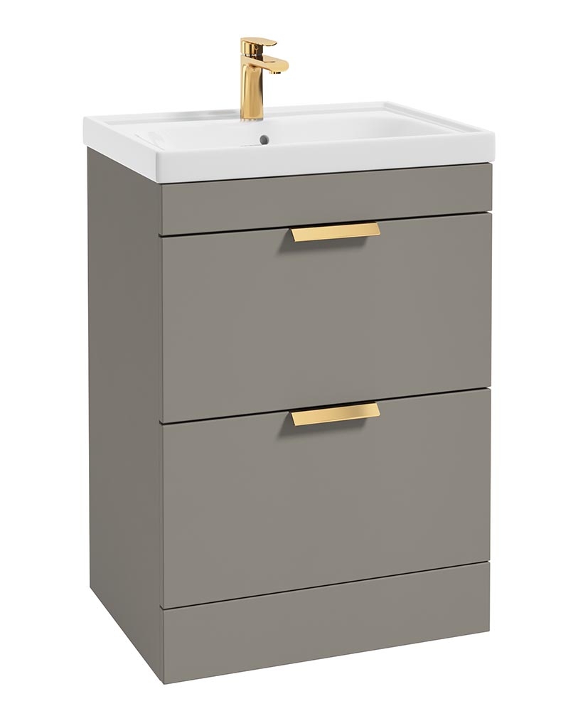 Stockholm Khaki Matt 60cm 2 Drawer Floor Standing Vanity Unit - Brushed Gold Handle