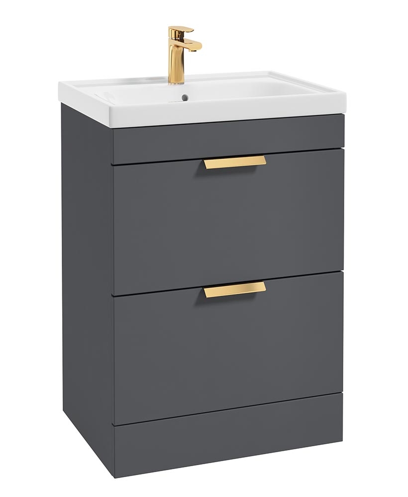 Stockholm Midnight Grey Matt 60cm 2 Drawer Floor Standing Vanity Unit - Brushed Gold Handle