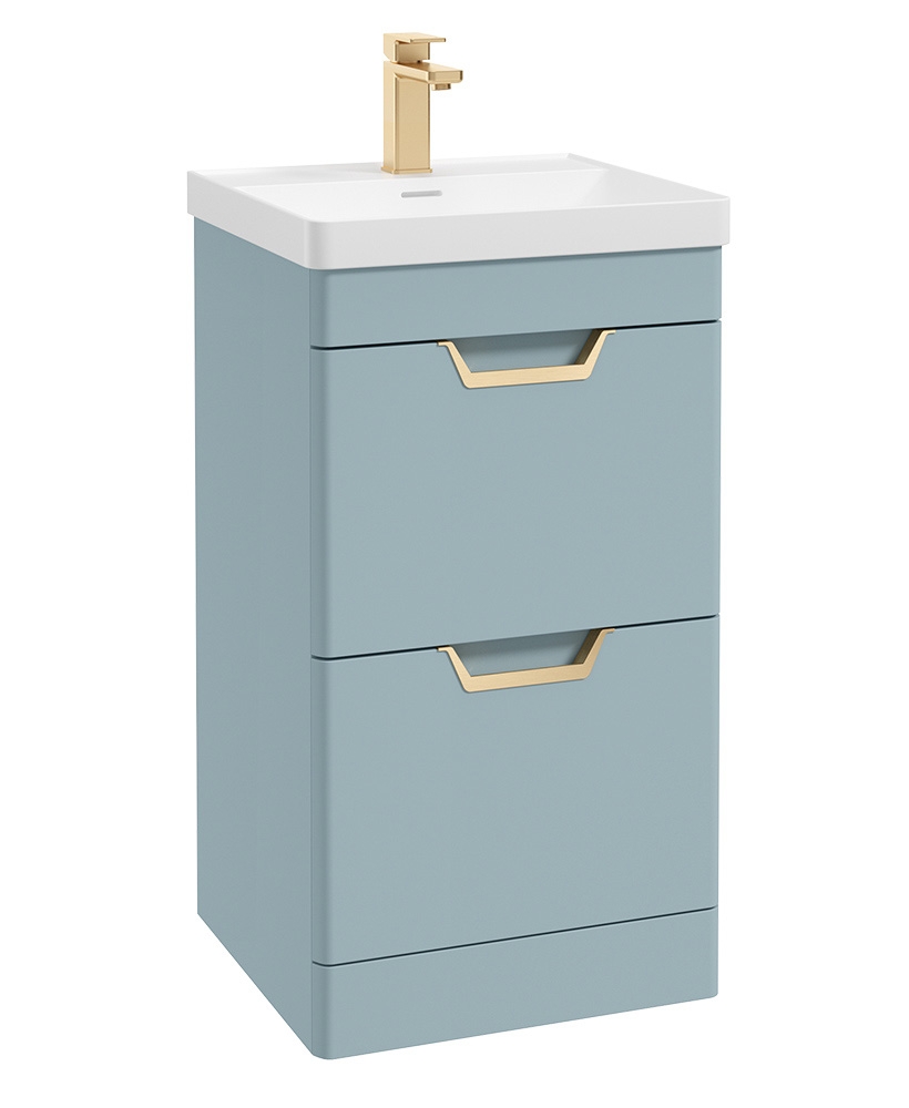 Freya 50cm 2 Drawer Floor Standing Vanity Unit Matt Morning Sky Blue-Gold Handle