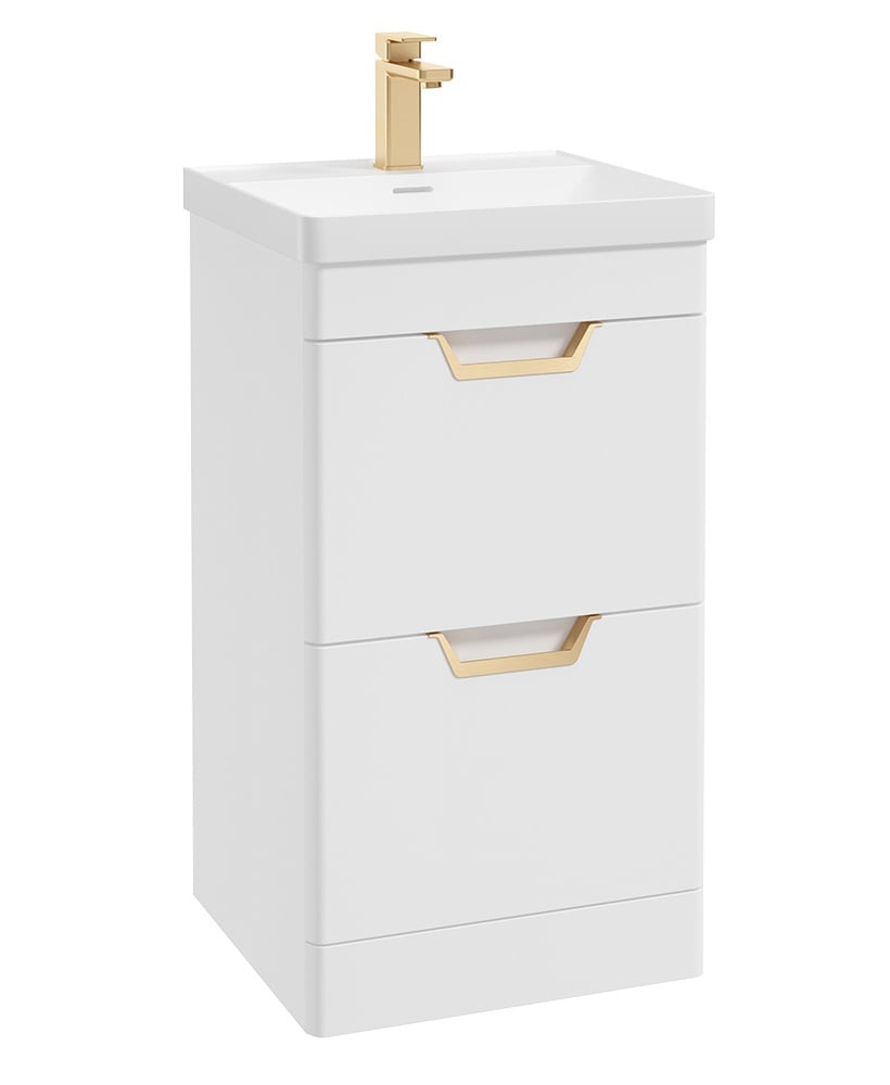 Freya 50cm 2 Drawer Floor Standing Vanity Unit Matt White-Gold Handle