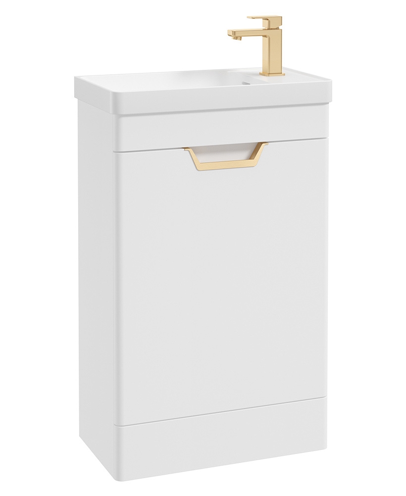 Freya 55cm 1 Door Cloakroom Floor Standing Vanity Unit Matt White-Gold Handle