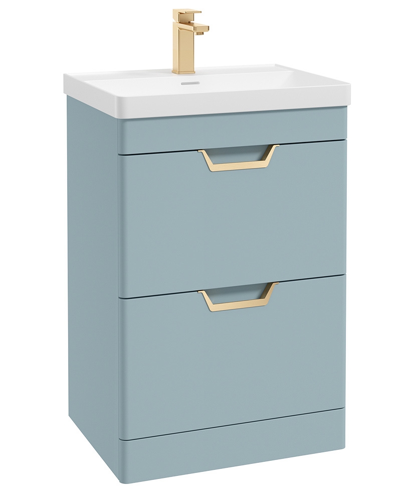 Freya 60cm 2 Drawer Floor Standing Vanity Unit Matt Morning Sky Blue-Gold Handle