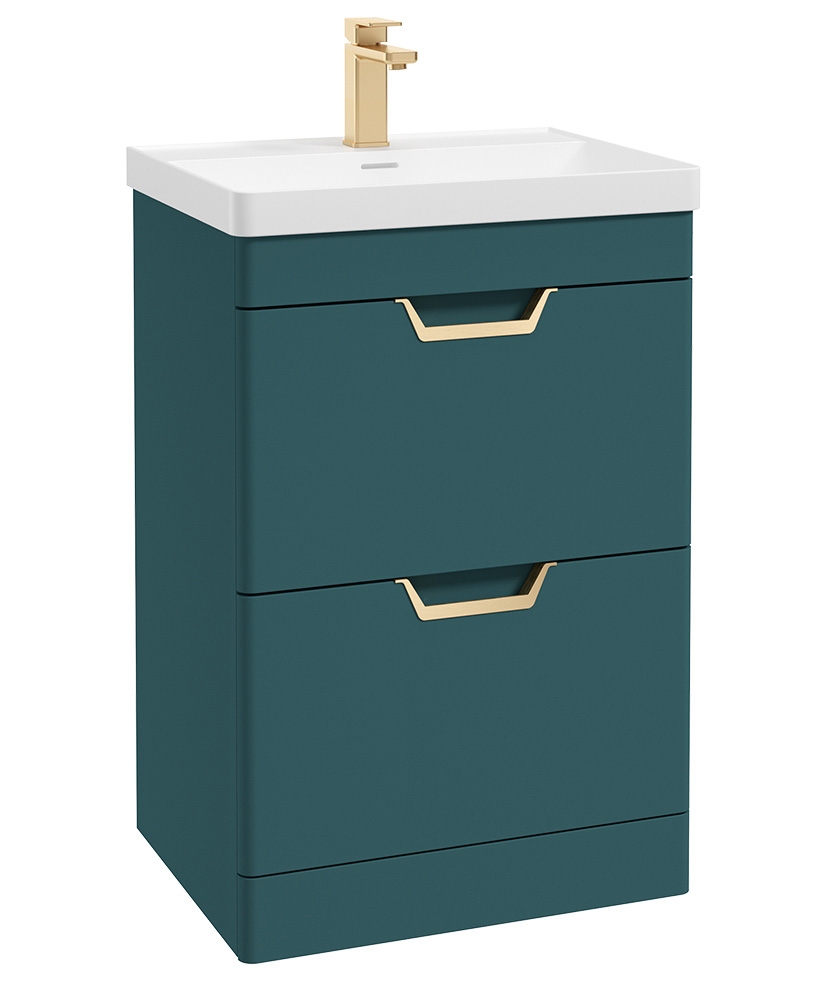 Freya 60cm 2 Drawer Floor Standing Vanity Unit Matt Ocean Blue-Gold Handle